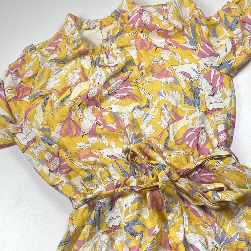 THML Floral Midi Dress Size XS Yellow Cinch Sleeve Belted High Neck Cottagecore
